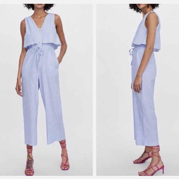 Zara Striped Sleeveless Jumpsuit w/ Button&Pockets, Adjustable Waist, Blue, Sz S - Picture 2 of 15